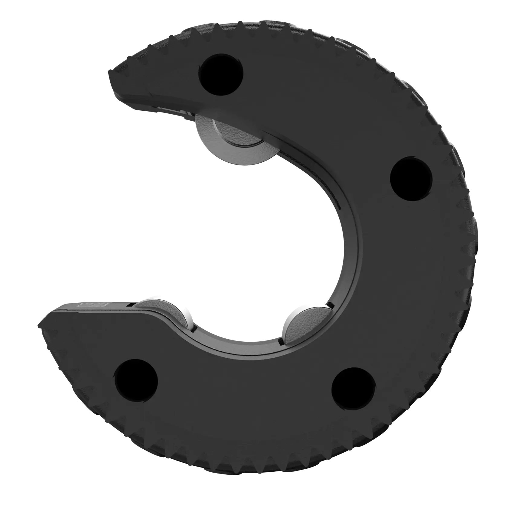 Imagen en primer plano de un anillo de prensado de repuesto DEWALT, modelo DWACPR10. El anillo es negro, en forma de media luna, con tres rodillos metálicos redondos visibles en el interior y bordes texturizados.