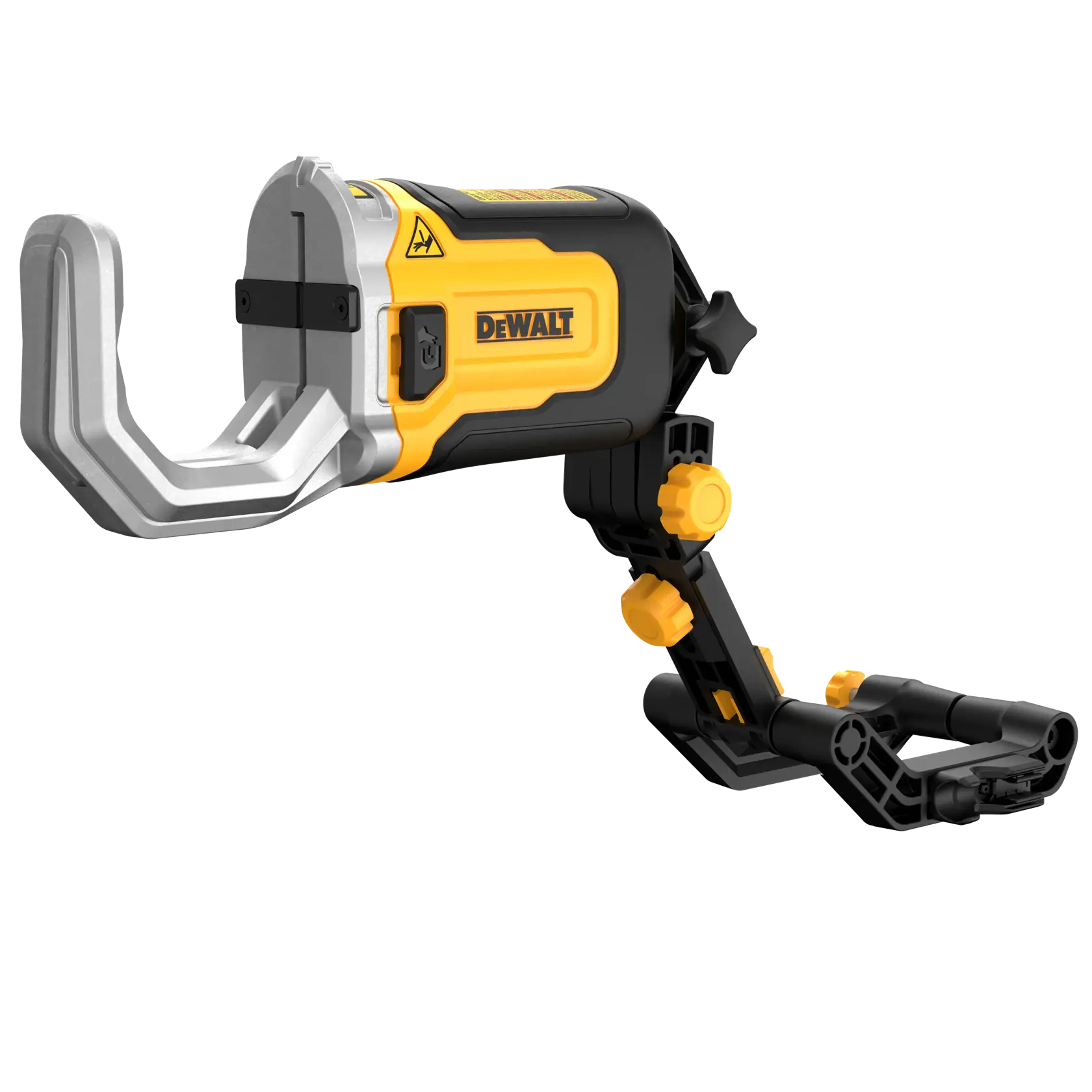 Herramienta fotográfica DEWALT DWAPVCIR con brazo y abrazadera ajustables, negro y amarillo sobre fondo blanco.