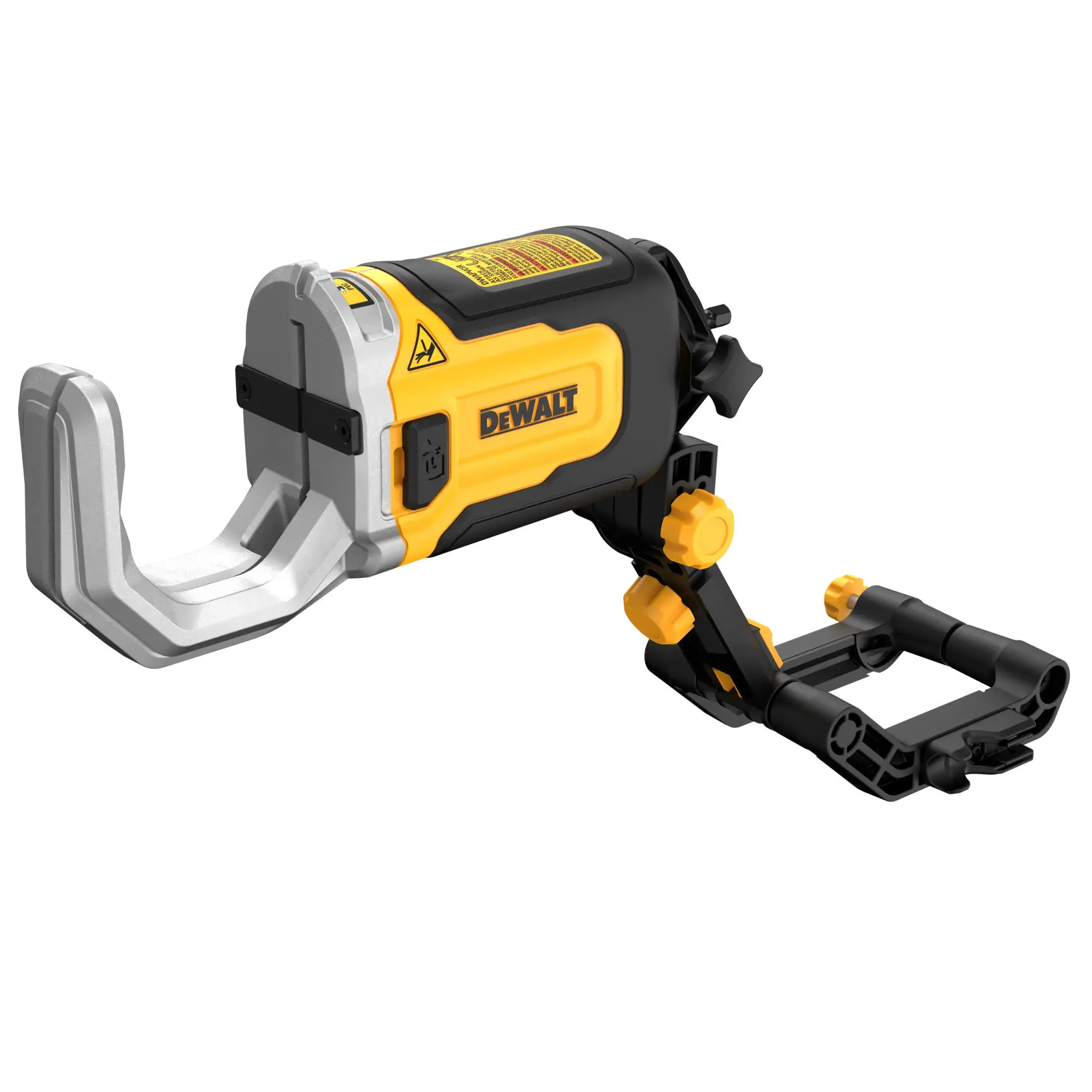 Herramienta DEWALT DWAPVCIR para cortar tubos PVC, con abrazadera ajustable, negro y amarillo, fondo blanco.