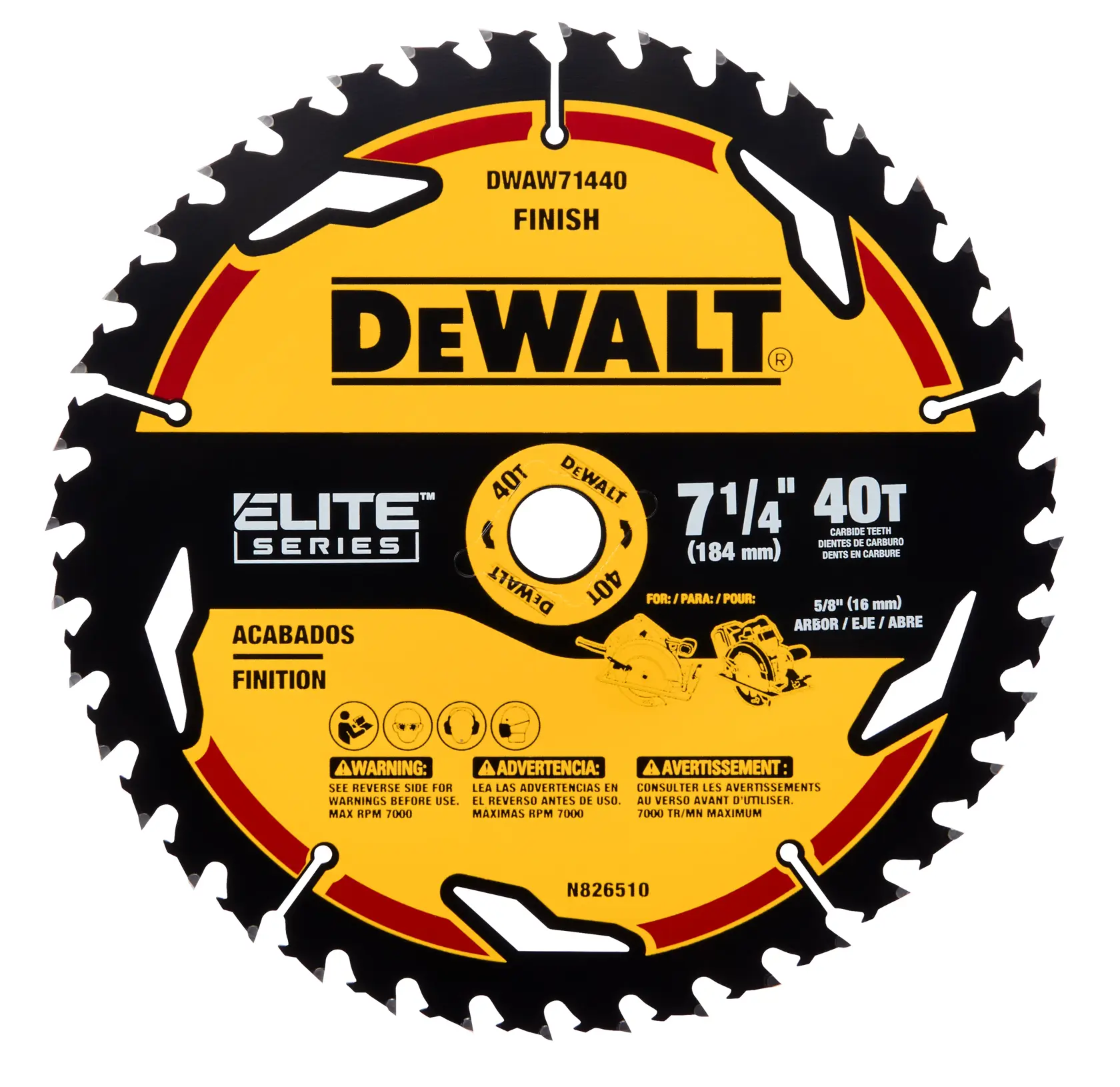 Una hoja de sierra circular DEWALT Elite Series con 40 dientes, diámetro de 7 1/4 pulgadas (184 mm) y puntas de carburo. La hoja es negra y amarilla con información de seguridad, advertencias e instrucciones bilingües (inglés, español, francés) impresas en la superficie.