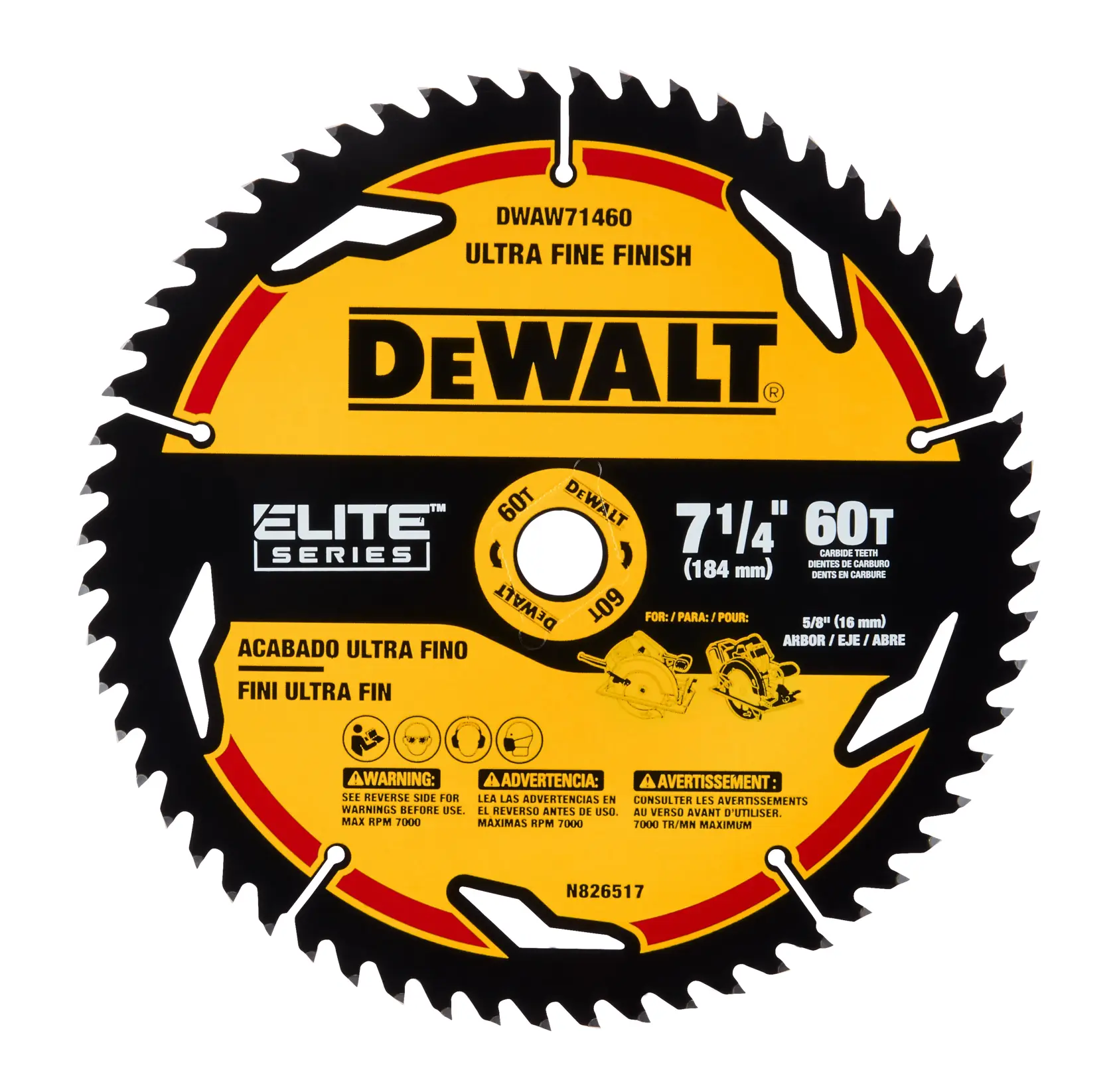 Una hoja de sierra DEWALT Elite Series con 60 dientes de carburo, modelo DWAW71460. La hoja está rotulada como 'Acabado Ultra Fino', tiene un diámetro de 7-1/4 pulgadas (184 mm) y está diseñada para un eje de 5/8 pulgadas (16 mm). El producto muestra advertencias en varios idiomas y ilustraciones para el uso, con colores negro y amarillo.