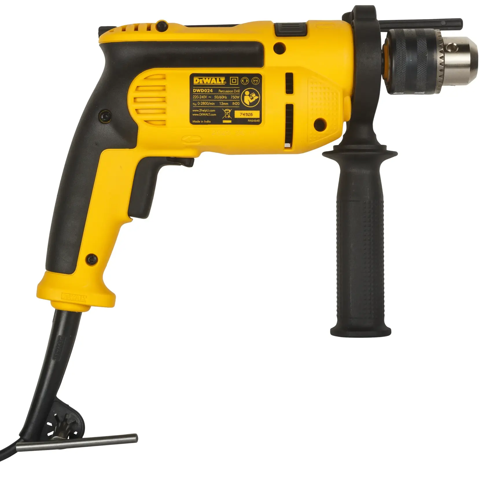 Taladro amarillo DEWALT, DWD024-QS y DWD024, vista lateral con mango. Producto de fotografía.