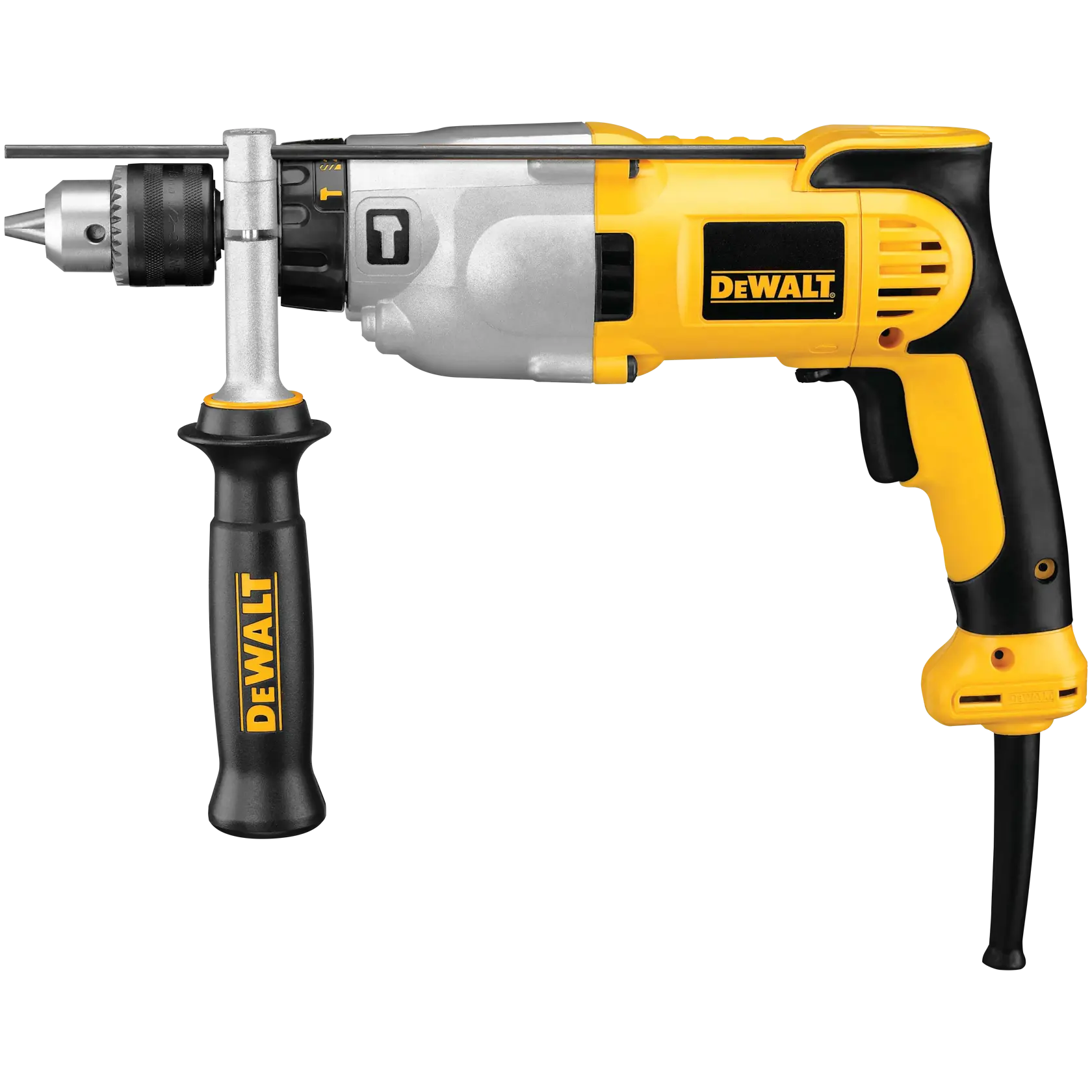 Un taladro eléctrico con cable DeWalt con mango amarillo y negro y agarre lateral, diseñado para tareas de perforación de alta resistencia.