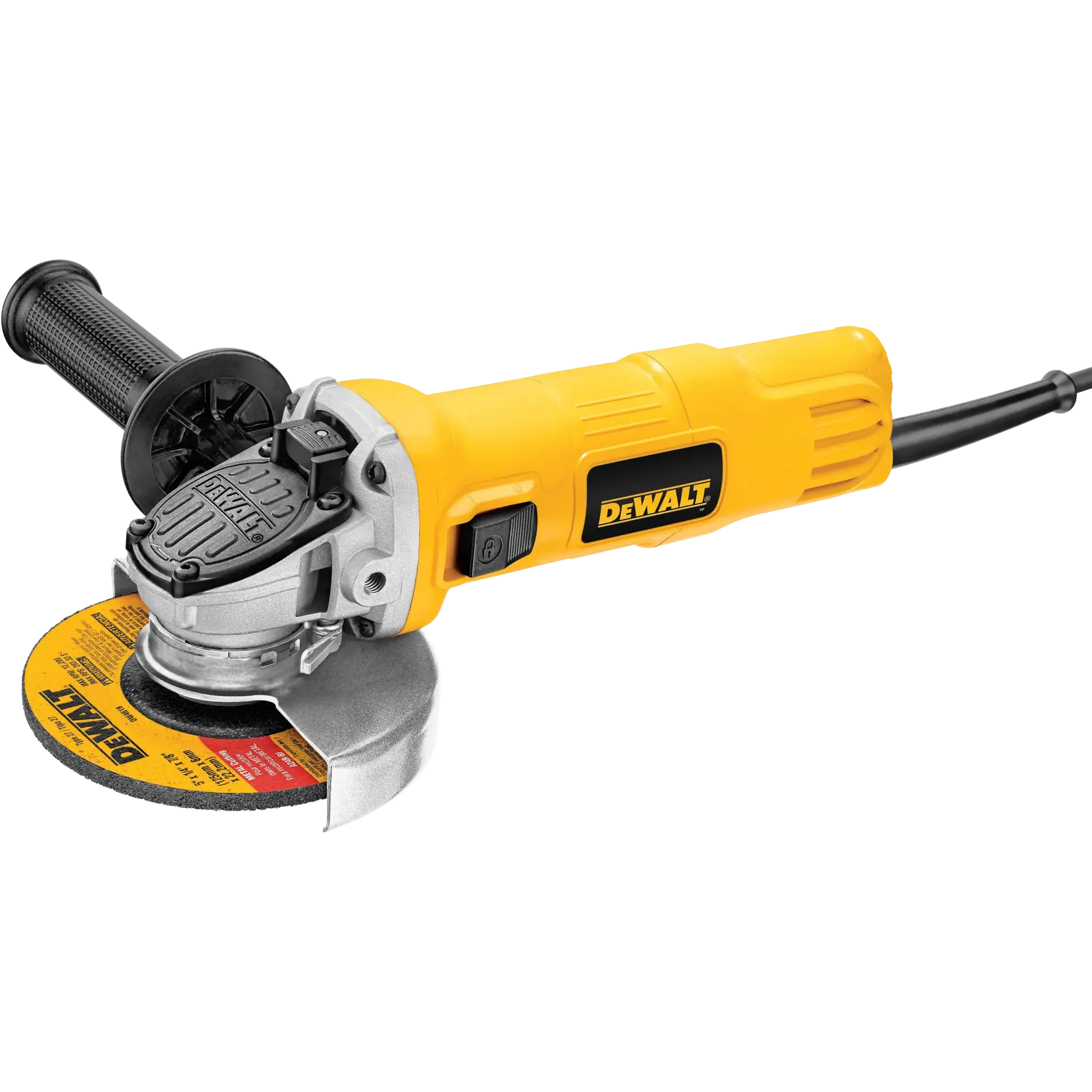 Una amoladora angular DEWALT amarilla con empuñadura lateral negra, protector de metal y disco de desbaste de marca visible.