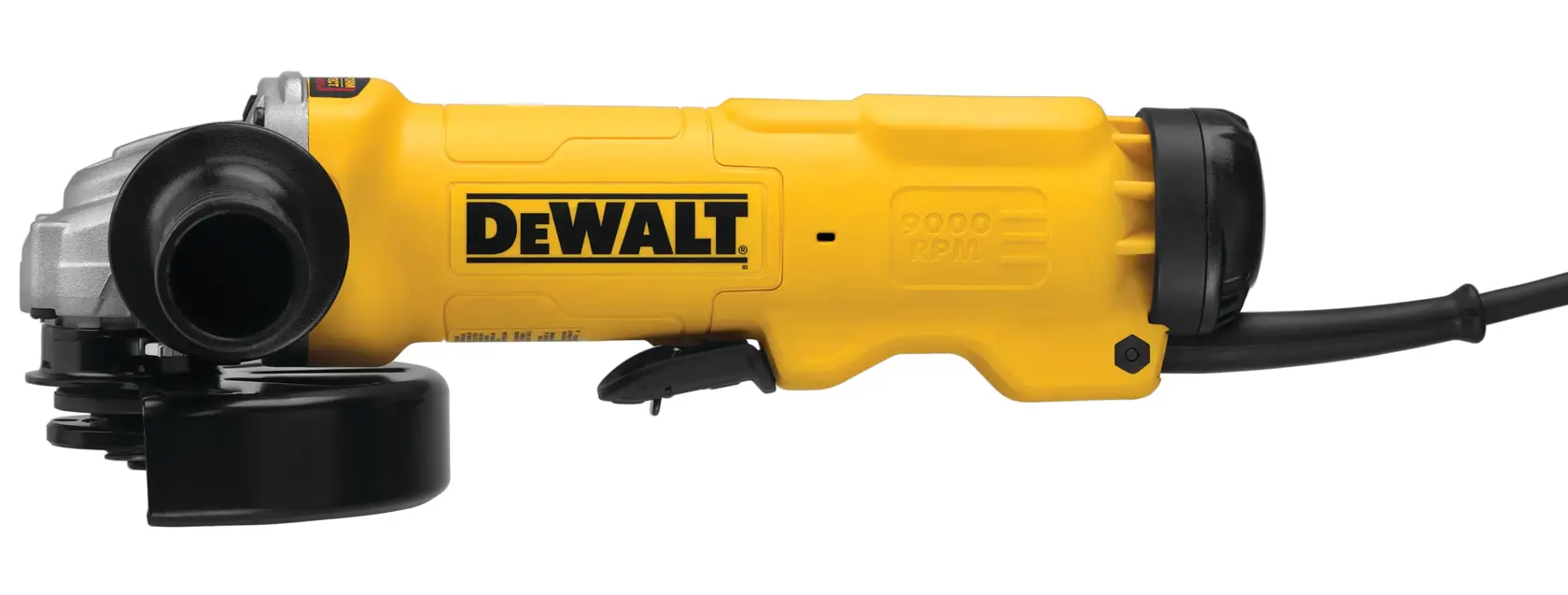 Una amoladora angular DEWALT amarilla con mango lateral, cable de alimentación y protector en el disco, mostrada sobre un fondo blanco.