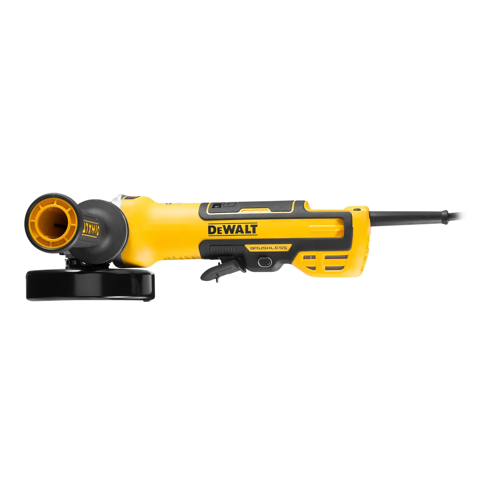 Una amoladora angular eléctrica DEWALT amarilla y negra con diseño con cable, vista lateral sobre fondo blanco.
