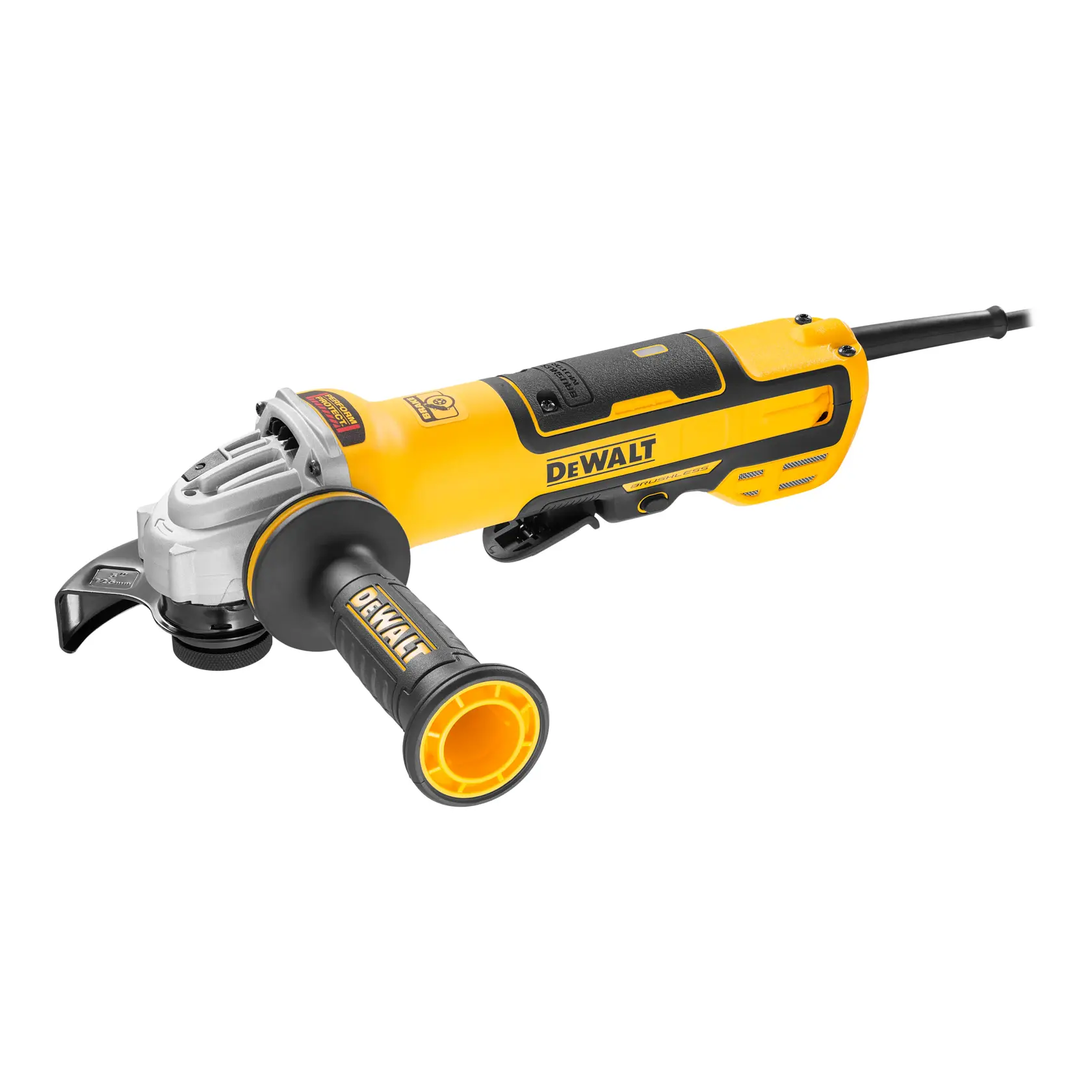 Una amoladora angular eléctrica DEWALT amarilla y negra con mango lateral y cable de alimentación, mostrada sobre un fondo blanco.