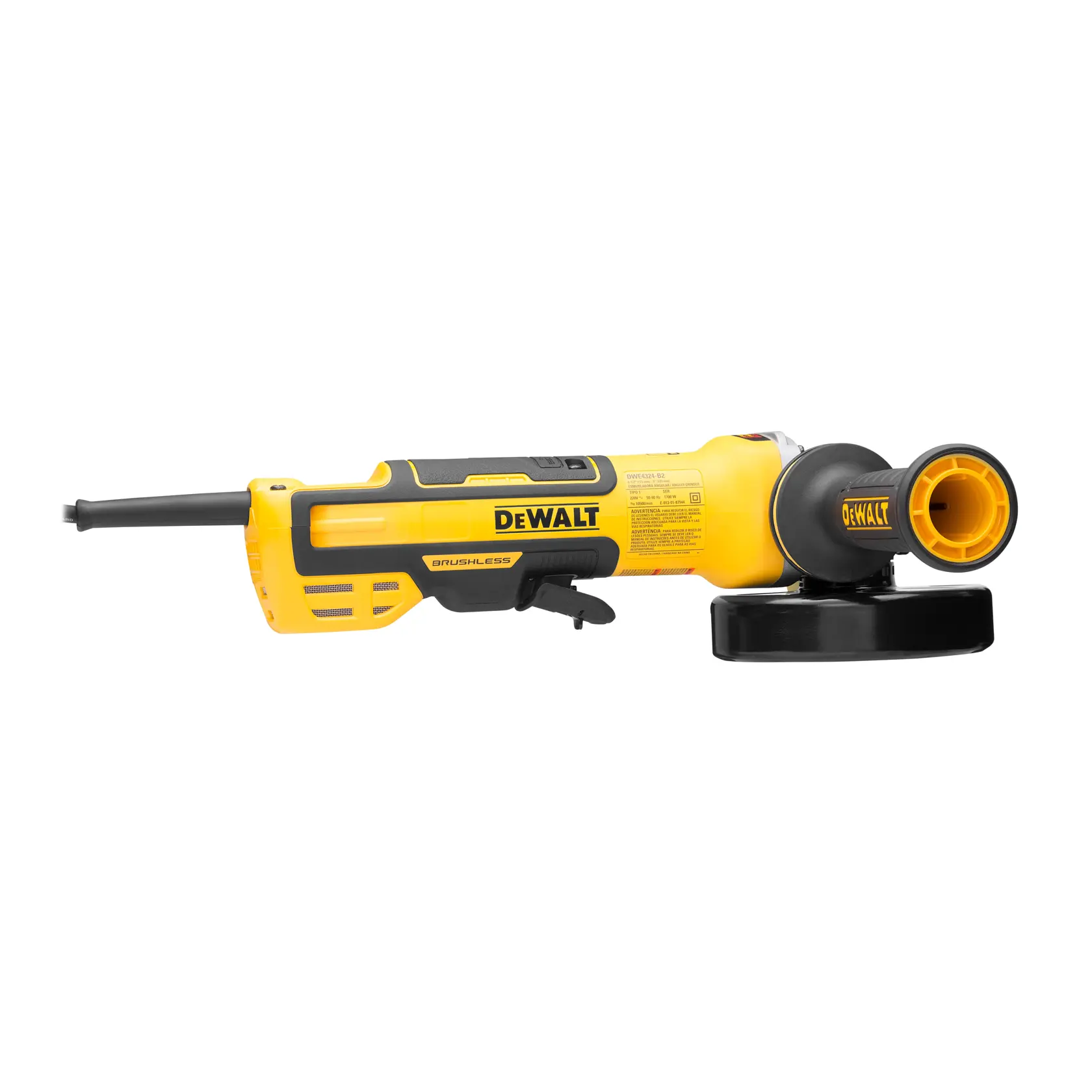 Una amoladora angular DEWALT DWE4324 amarilla y negra sin escobillas con mango lateral y cable de alimentación, diseñada para tareas de corte y desbaste.