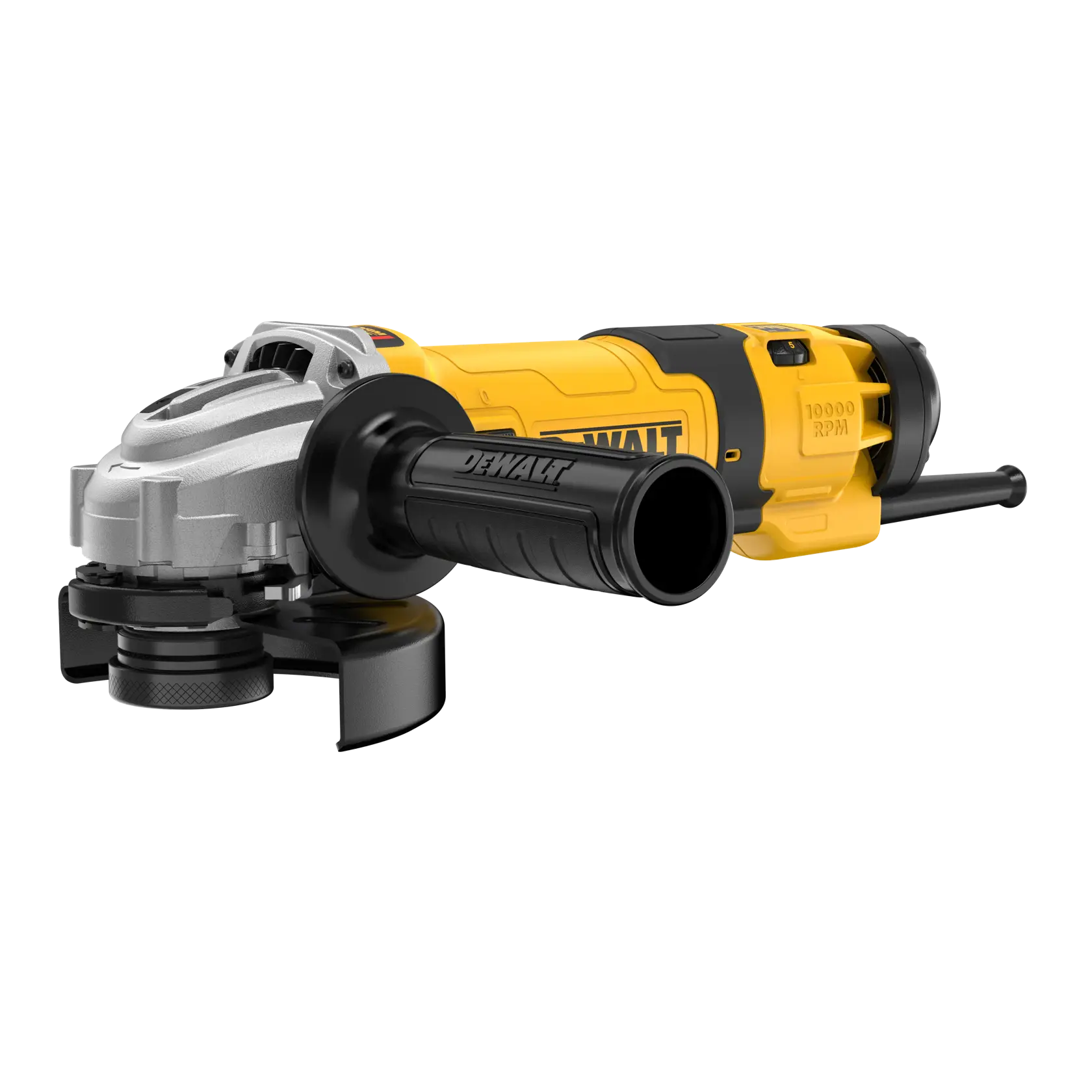 Una amoladora angular DEWALT amarilla y negra con mango lateral, cable de alimentación y cabeza metálica, colocada sobre un fondo blanco.