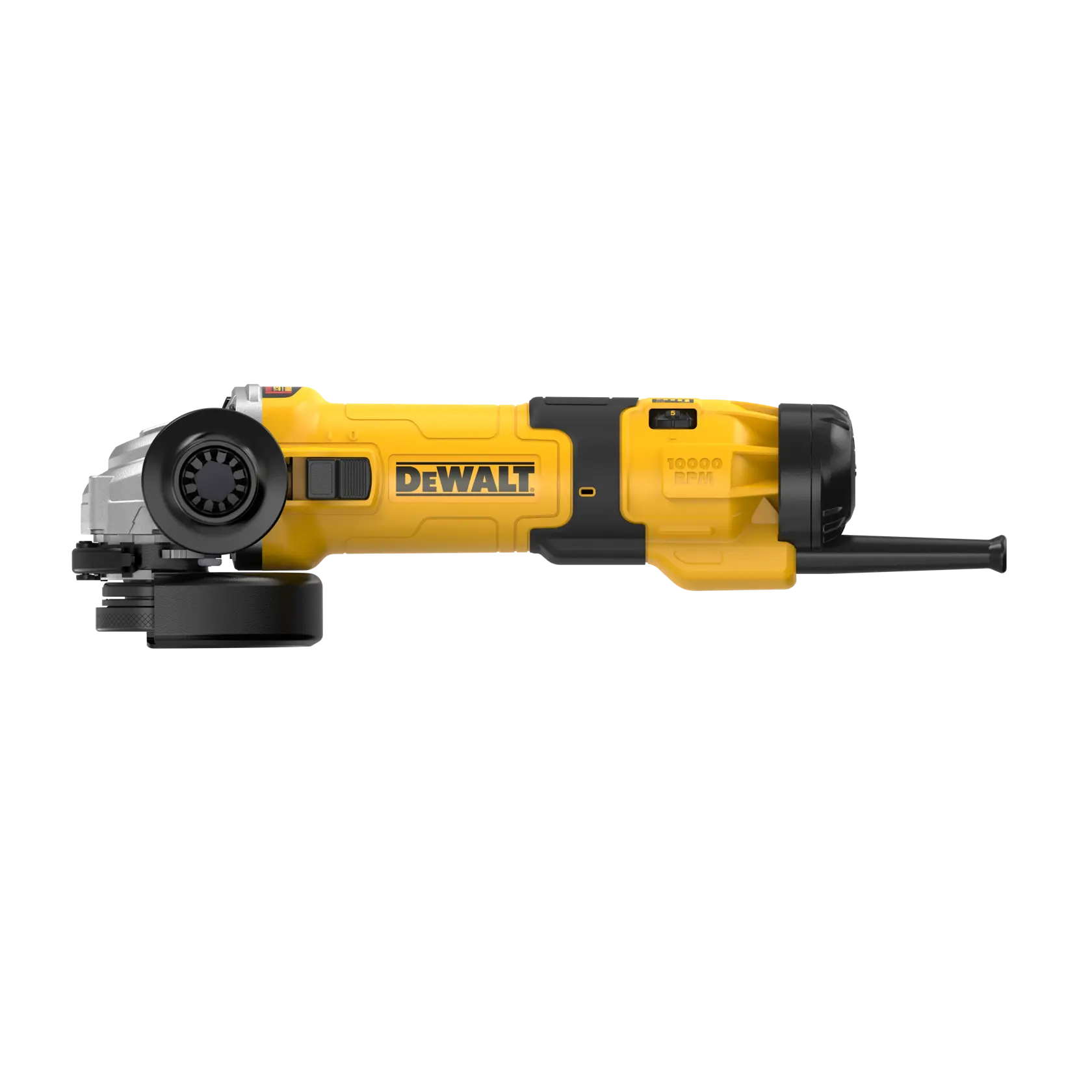 Una amoladora angular eléctrica amarilla DEWALT con un mango lateral, mostrada sobre un fondo blanco.