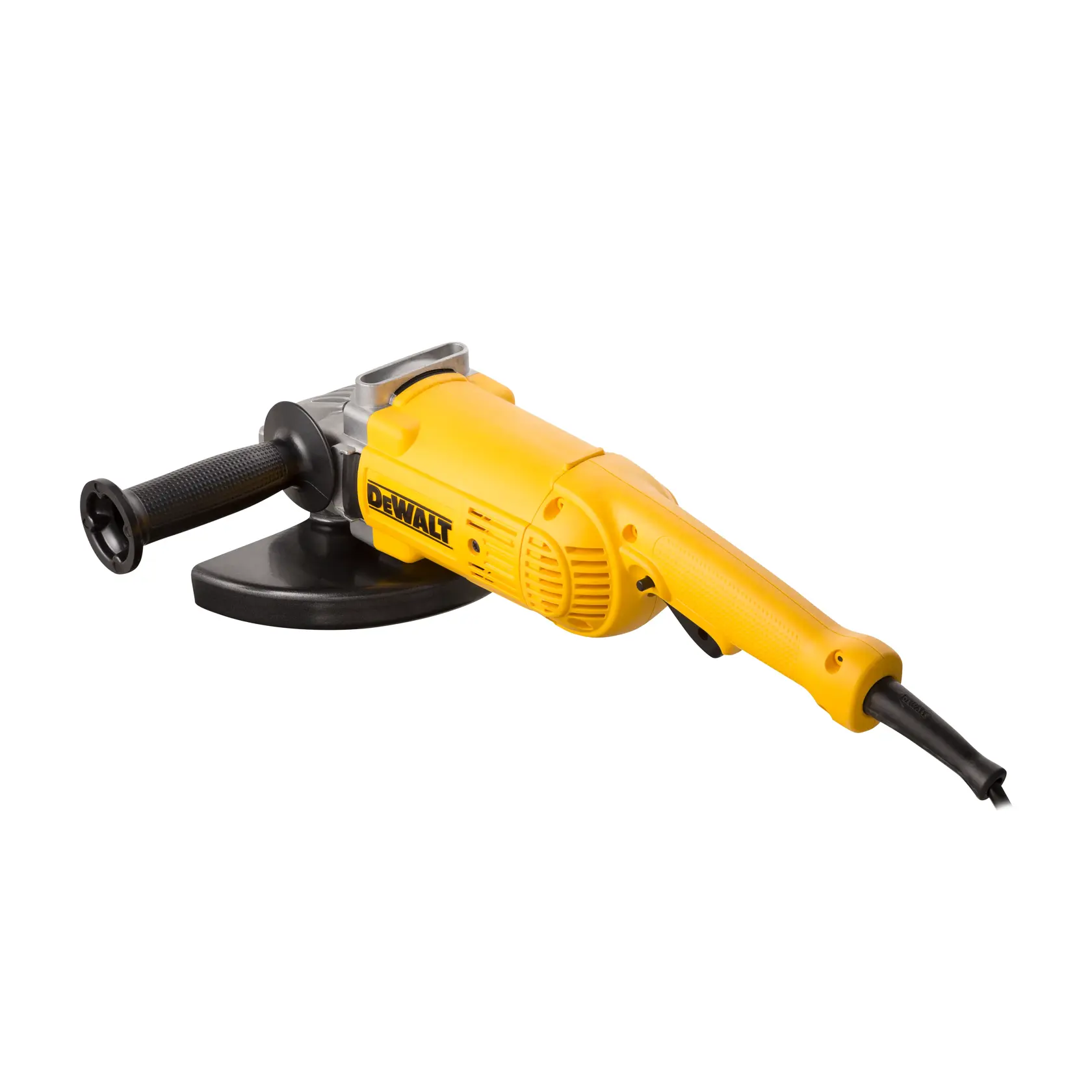Una amoladora angular eléctrica DEWALT amarilla y negra con mango lateral y cable de alimentación, posicionada sobre un fondo blanco.