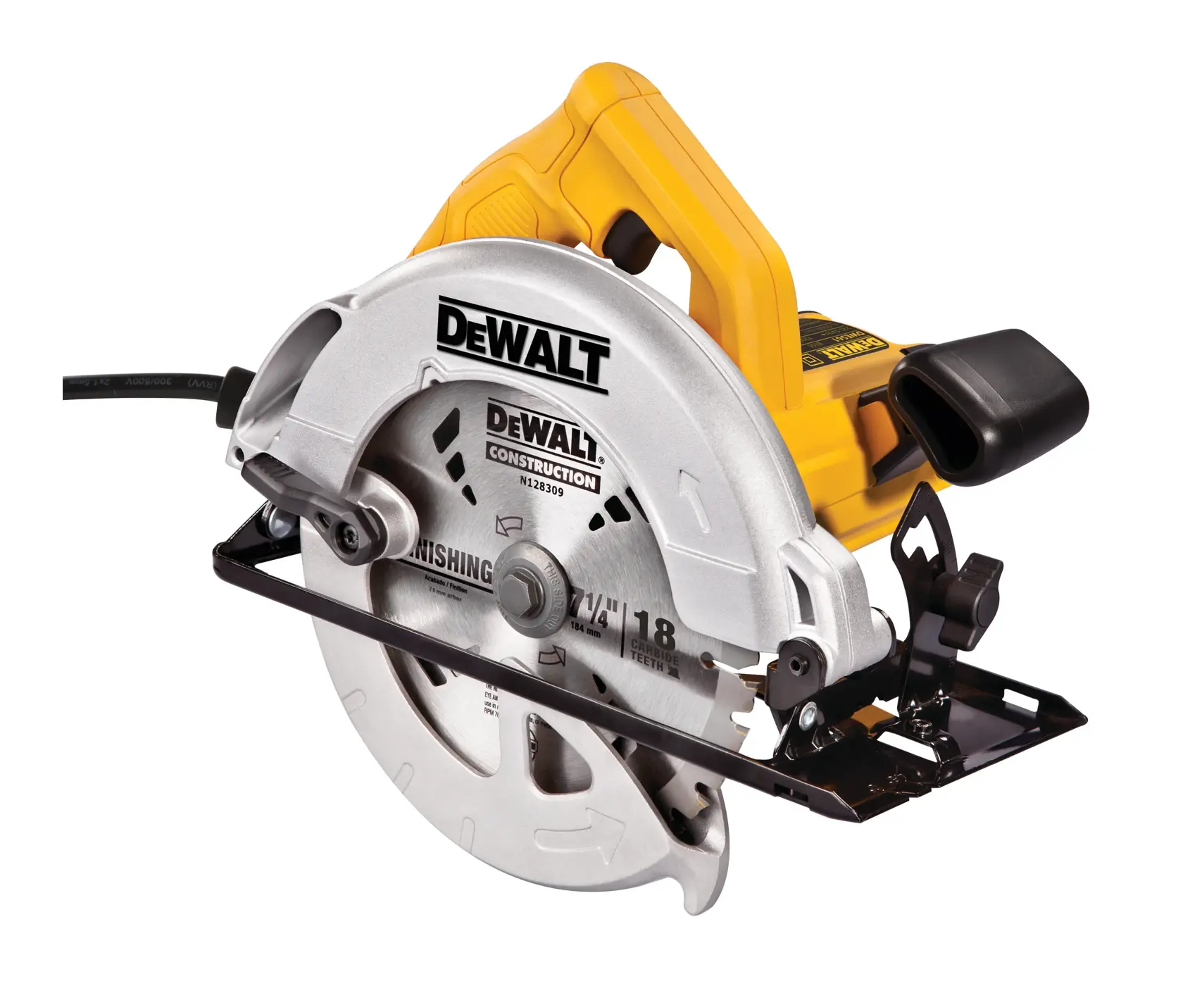 Sierra circular DEWALT DWE560 con mango amarillo y hoja plateada, sobre fondo blanco.