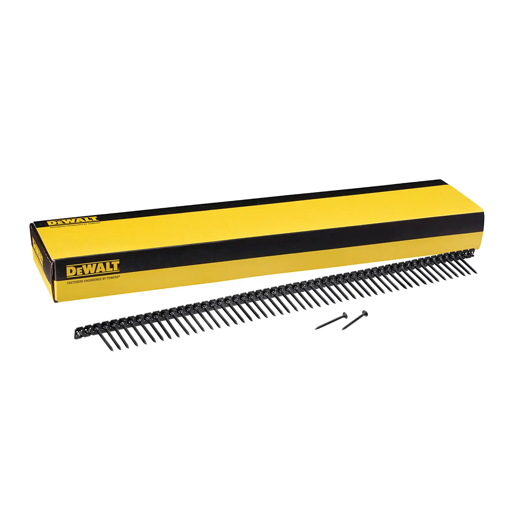 Caja amarilla DEWALT con tira de clavos y dos clavos sueltos sobre fondo blanco.