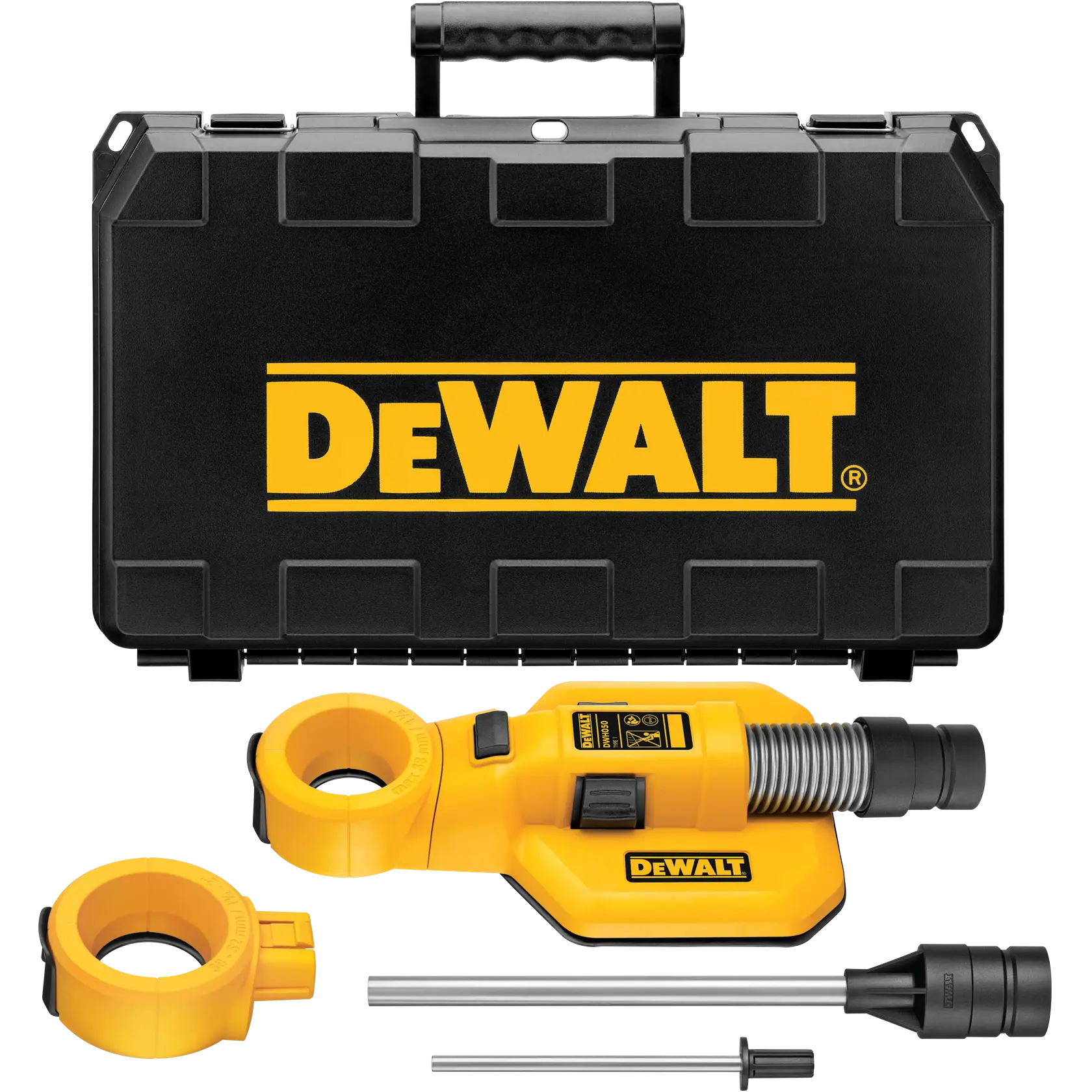 Kit de accesorio de extracción de polvo DEWALT para taladrado, que incluye un extractor de polvo amarillo, partes accesorias, varillas metálicas y un maletín negro con el logo DEWALT.