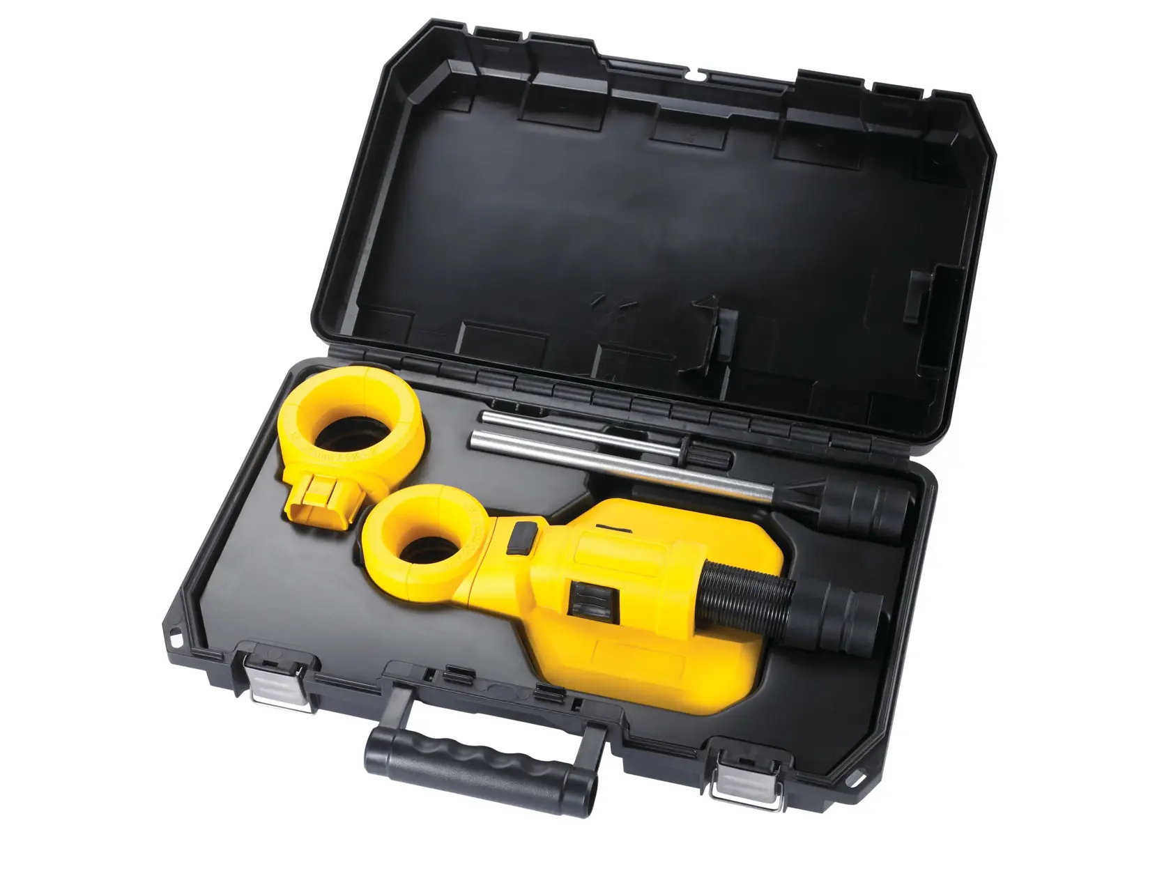 Una herramienta amarilla DEWALT con accesorios y varillas metálicas en un estuche rígido de plástico negro con asa y cierres.