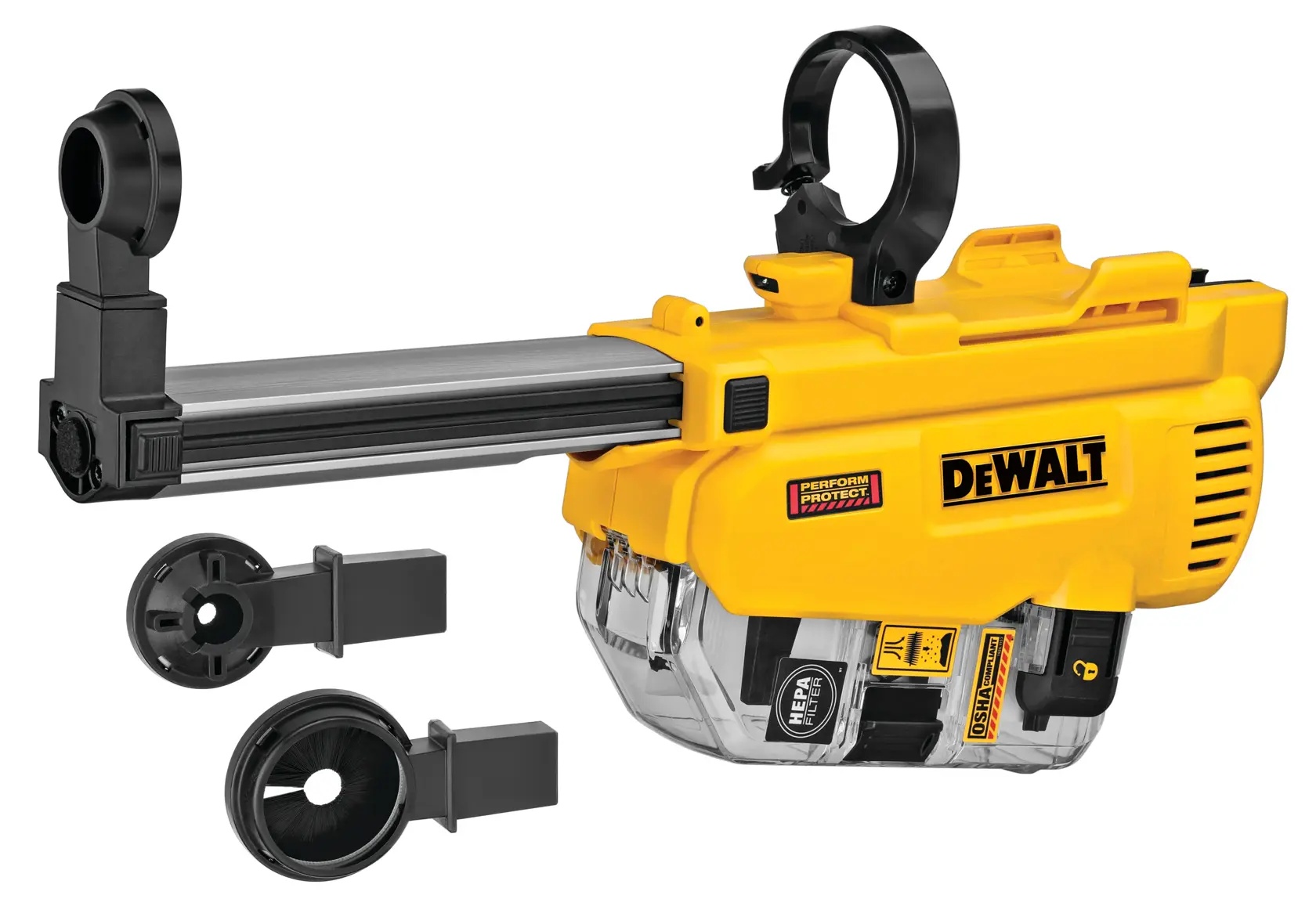 Accesorio de extracción de polvo DEWALT DWH205DH, con diseño amarillo y negro, compartimento transparente para filtro HEPA y varias piezas desmontables para usar con herramientas eléctricas.