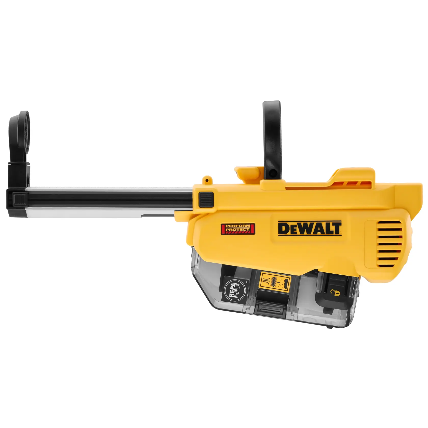 Accesorio amarillo DEWALT DWH205DH para extracción de polvo de taladro, con mango para seguridad laboral.