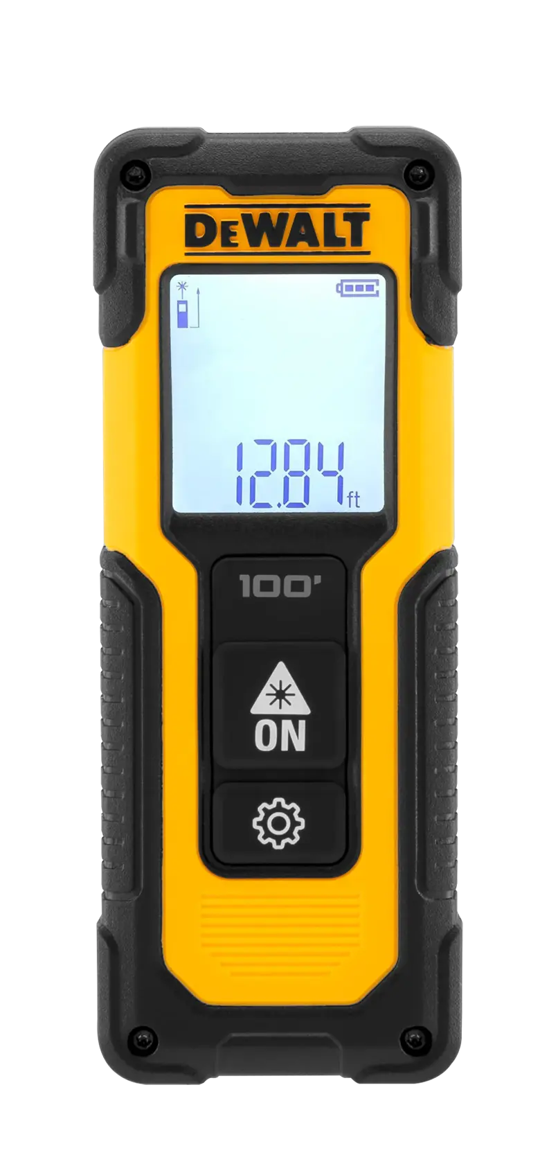 Un medidor de distancia láser amarillo y negro de la marca DEWALT con pantalla digital que muestra '128.4 ft', varios botones y una carcasa resistente.