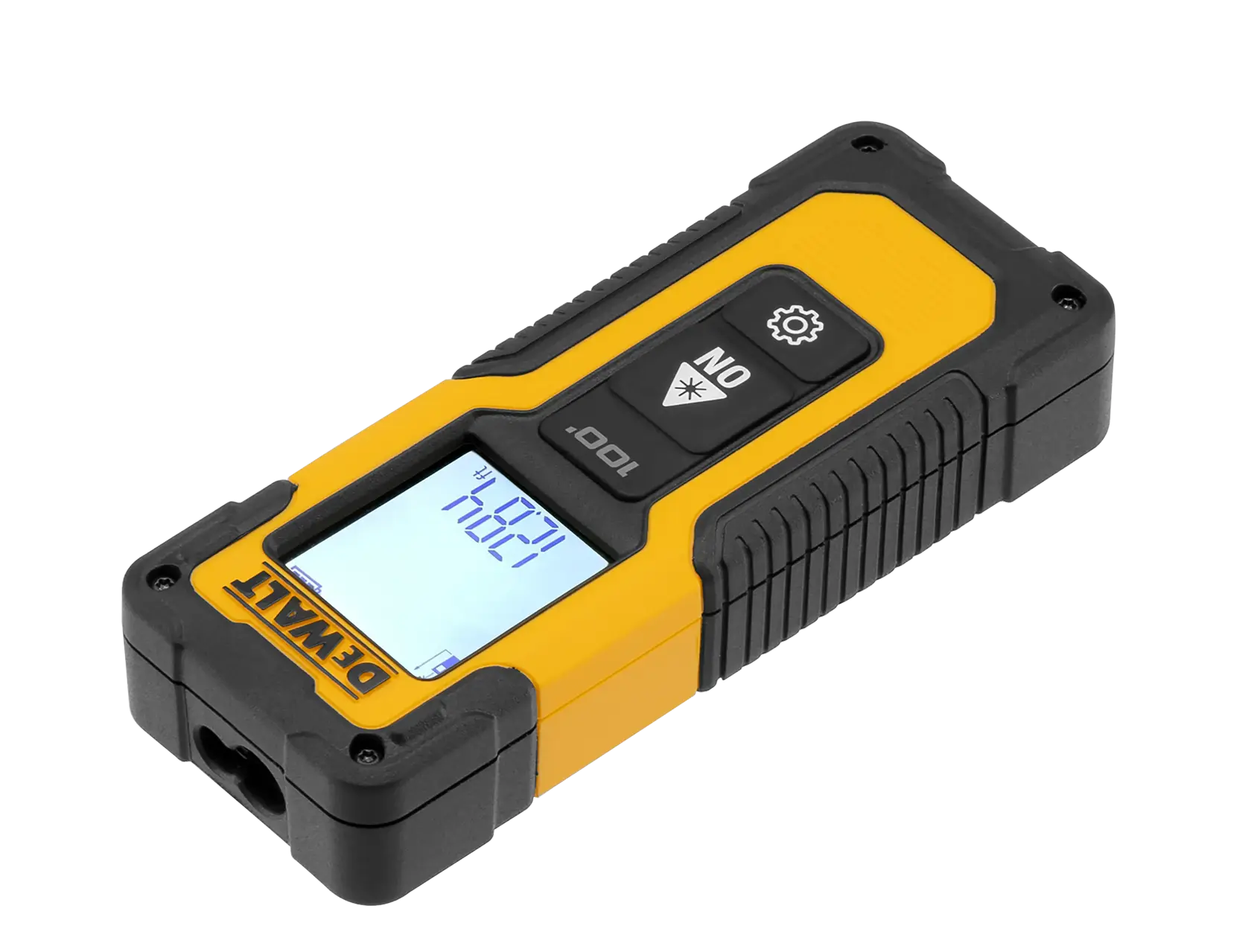 Un medidor de distancia láser portátil DEWALT con una carcasa amarilla y negra, pantalla digital iluminada y dos botones de control.