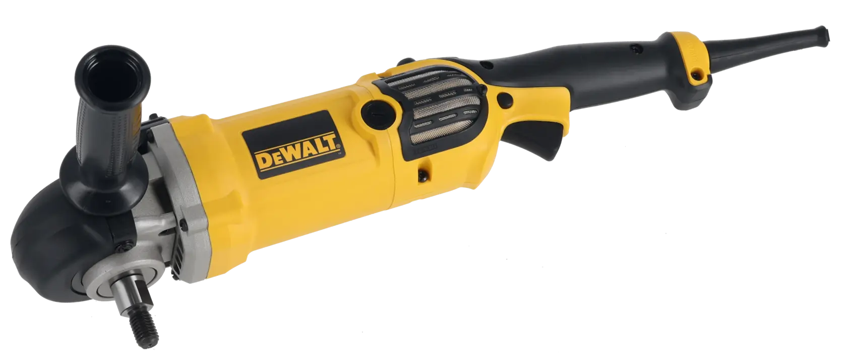 Pulidora eléctrica de la marca DEWALT con cuerpo amarillo y negro, mango lateral para mejor sujeción y eje expuesto para colocar almohadillas de pulido o abrillantado. La herramienta se muestra aislada sobre un fondo blanco.