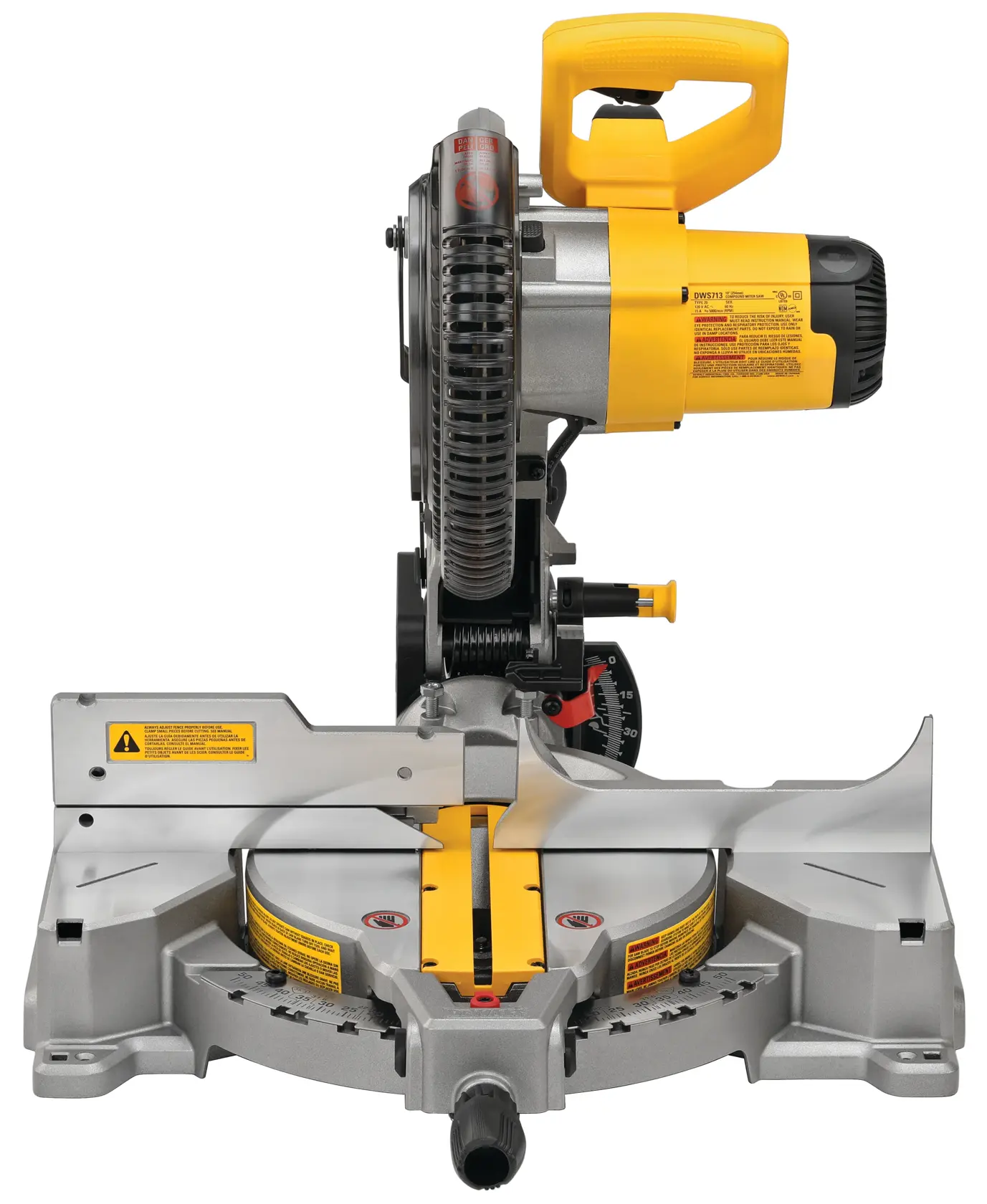 Vista frontal de una sierra de inglete DEWALT DWS713 con mango amarillo y advertencias de seguridad visibles en su base. La sierra está diseñada para tareas de corte precisas en carpintería y construcción.