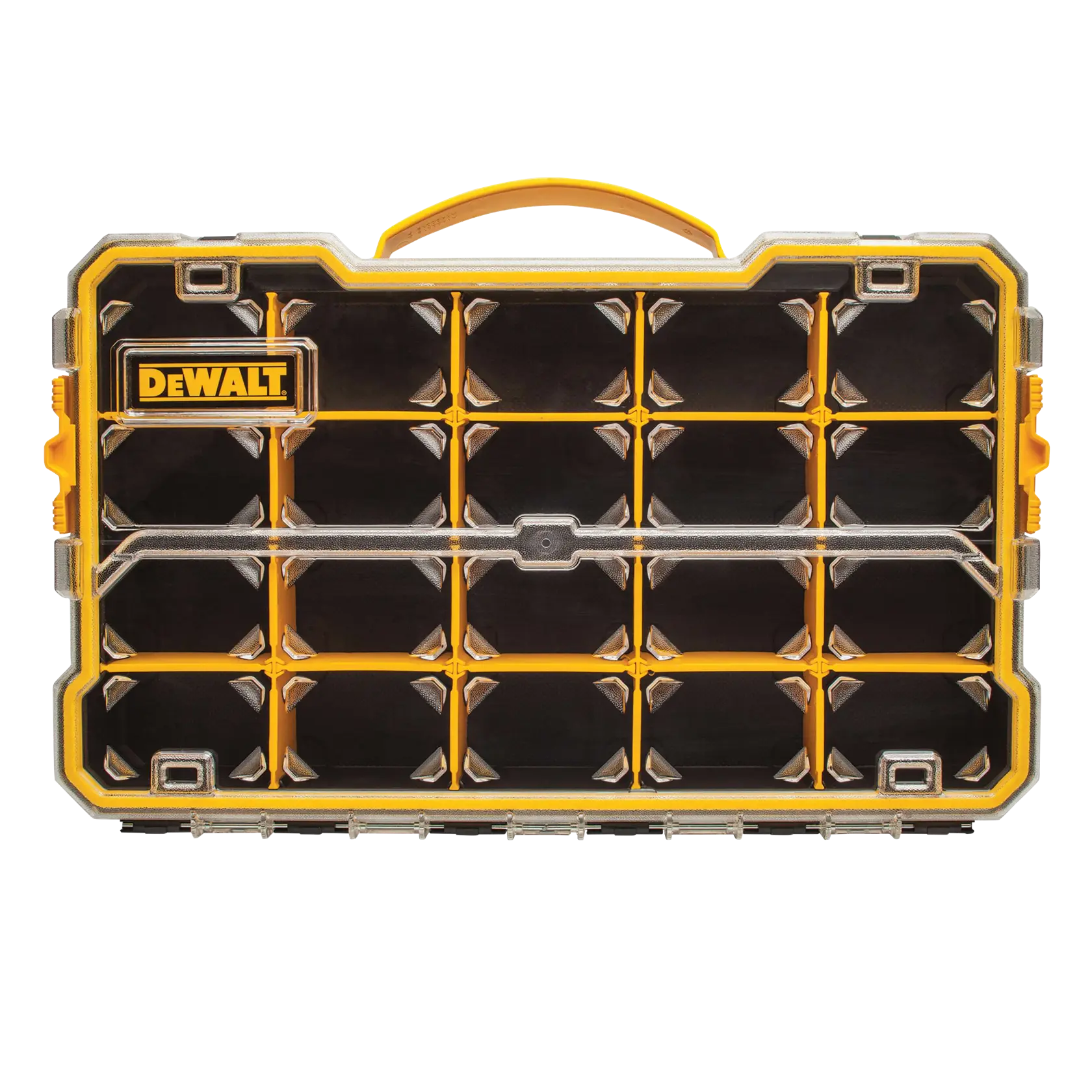 Un organizador de plástico de la marca DEWALT con varios compartimentos, tiene una tapa transparente y un asa amarilla en la parte superior.