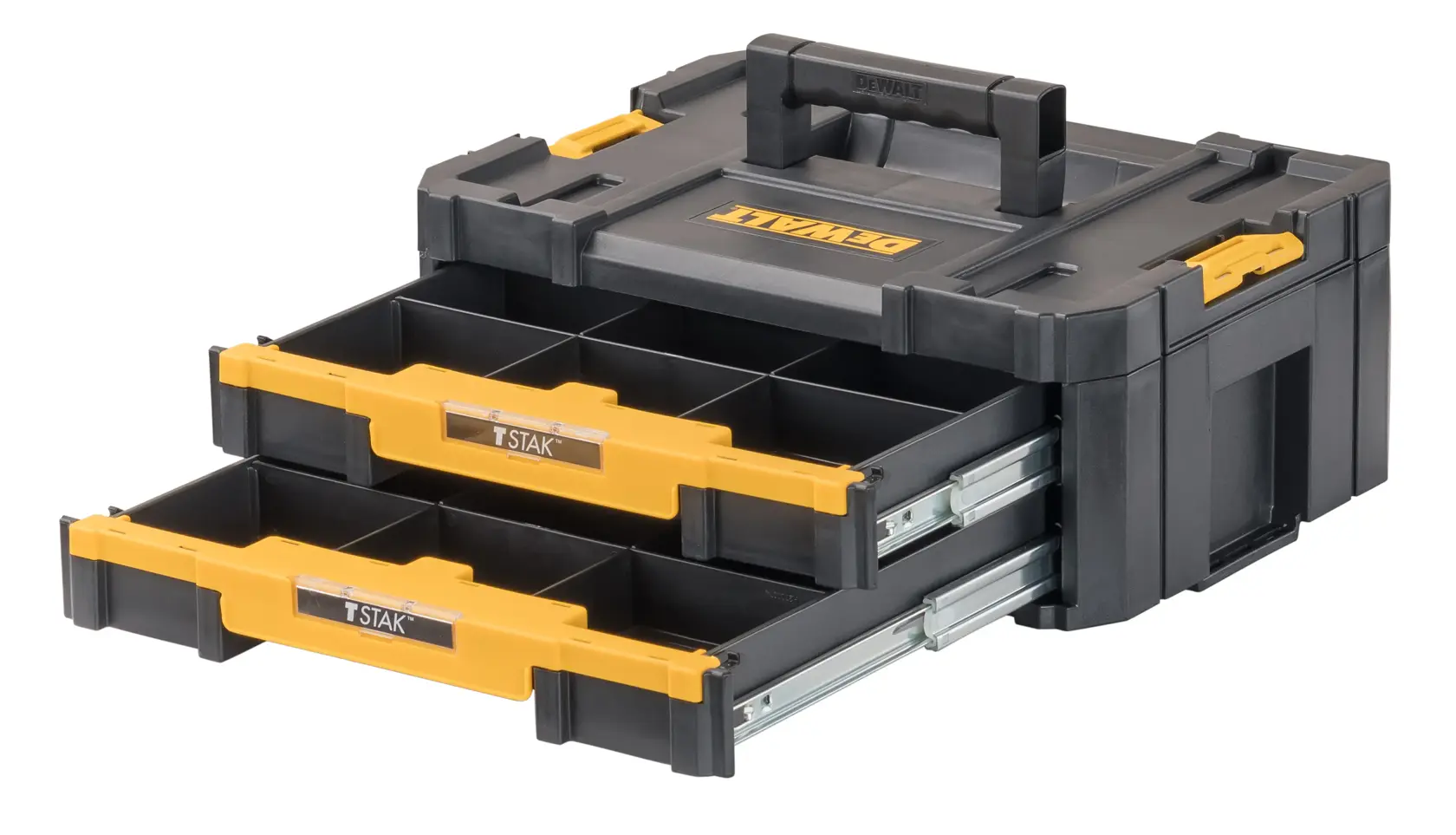 Un organizador de almacenamiento de herramientas DEWALT negro y amarillo con dos cajones deslizantes, cada uno con compartimentos divididos para guardar objetos pequeños.