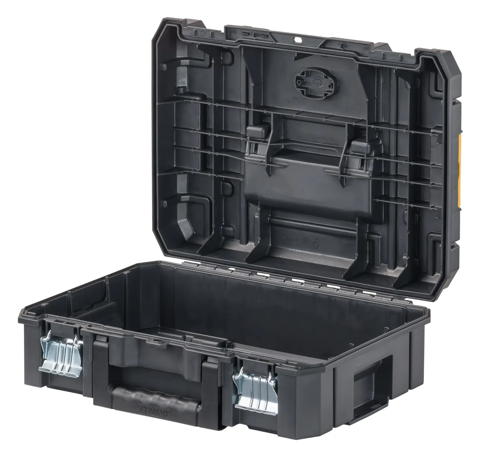 Vista frontal de una caja de herramientas DEWALT (SKU: DWST17807) de color negro con amarillo, que tiene un mango bimaterial para mayor comodidad. El texto en la parte inferior dice: 'MANGO BIMATERIAL Comodidad para levantarlas y transportar fácilmente'.