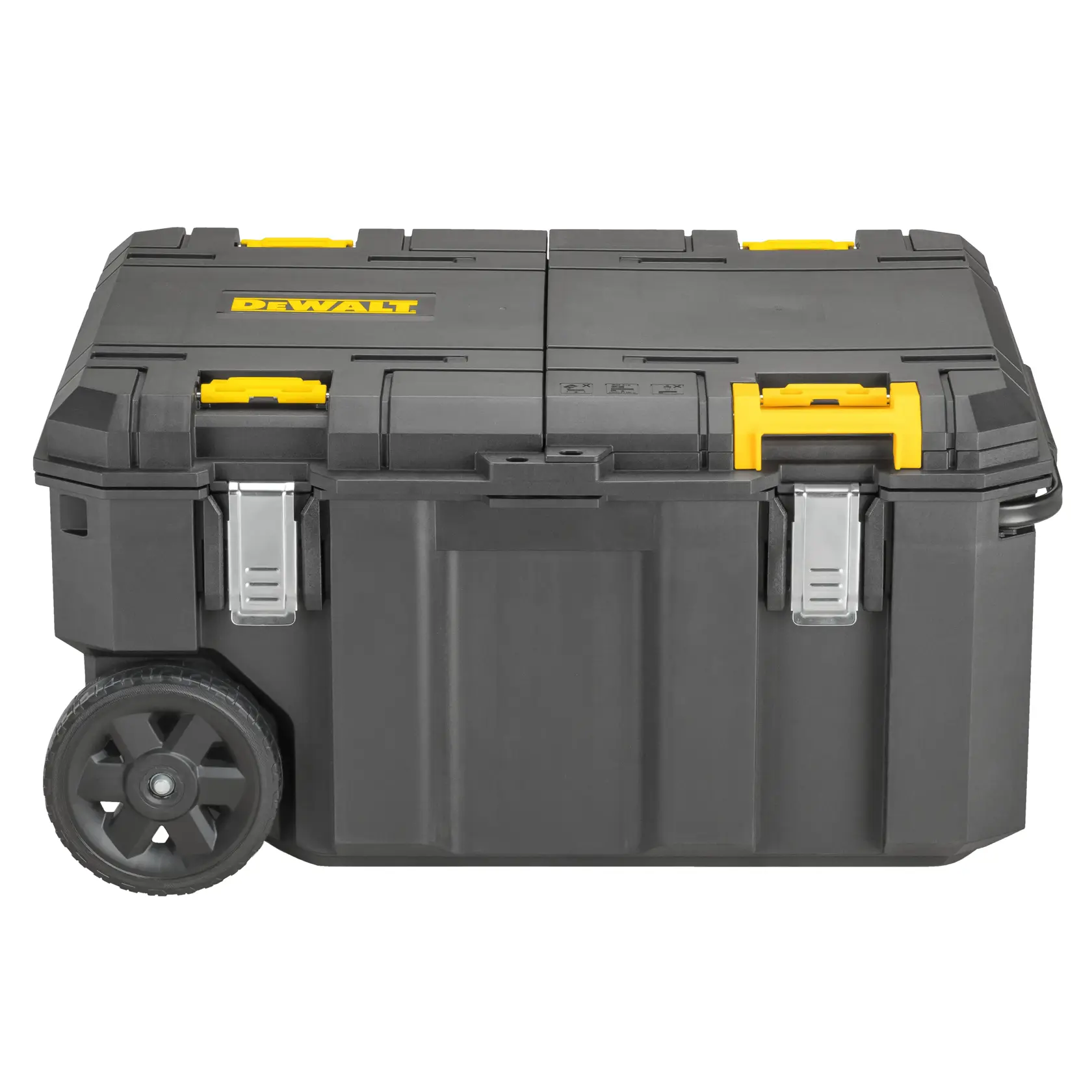 Caja de herramientas DEWALT grande y negra con ruedas, clips amarillos y cierres metálicos para transporte y almacén.