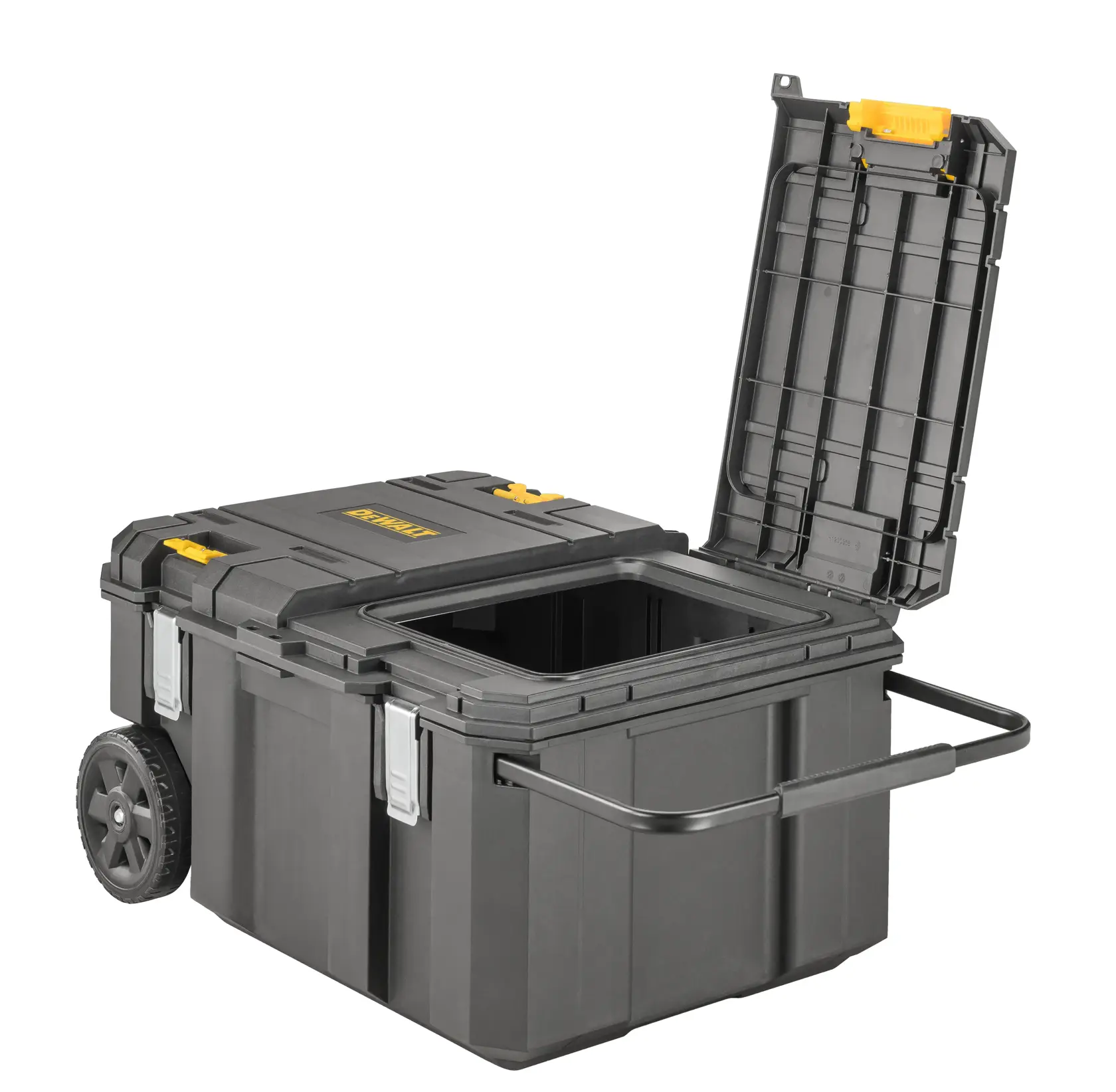 Caja de herramientas DEWALT con ruedas, tapa abierta, amplio espacio interior, asa y ruedas, negro y amarillo.
