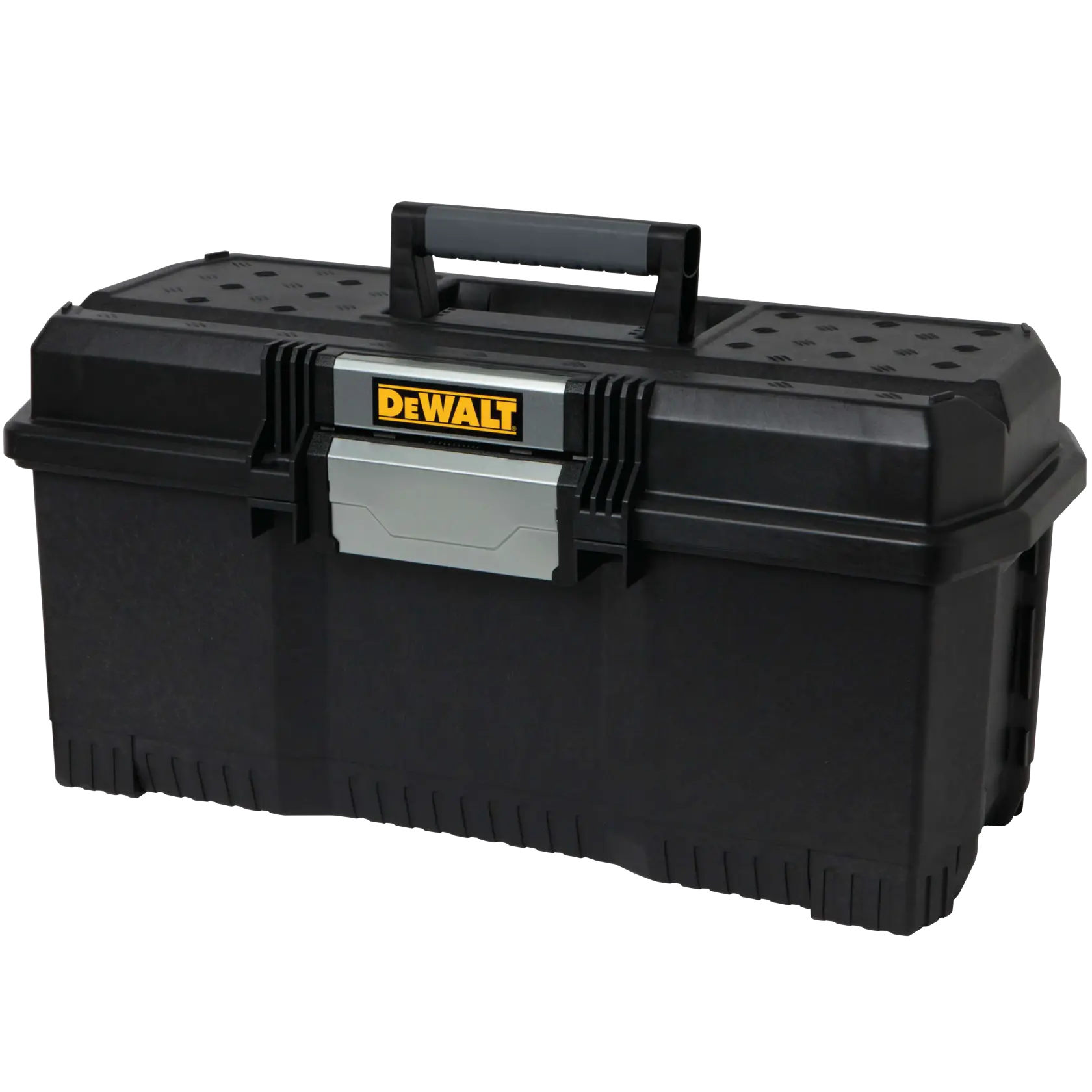 Una caja de herramientas de plástico negra DEWALT con asa robusta y cierre metálico, diseñada para guardar y transportar herramientas.