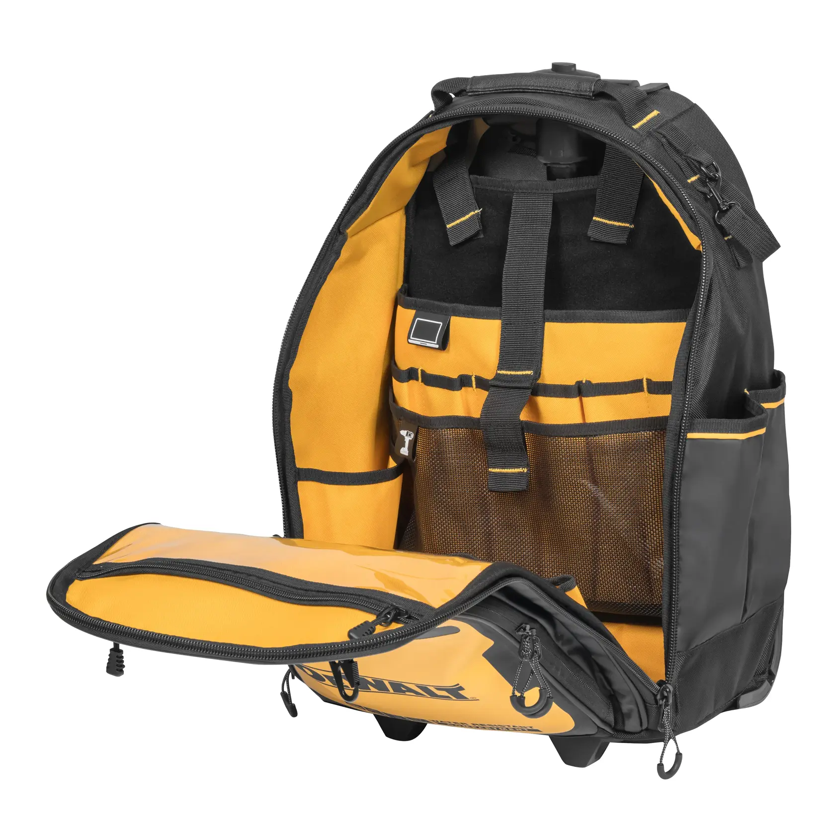 Se muestra una mochila para herramientas DEWALT negra y amarilla con el compartimento delantero abierto, mostrando varios bolsillos y bucles organizados para guardar herramientas y equipos.