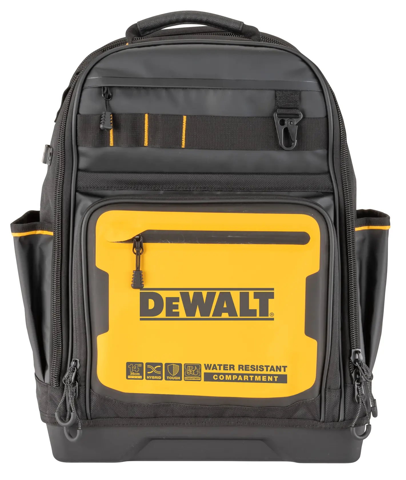 Mochila DEWALT negra y amarilla con varios compartimentos, bolsillos laterales y un compartimento frontal resistente al agua. En la parte delantera se muestra el logo de DEWALT y los iconos para híbrido, táctil y dispositivo de 14 pulgadas, destacando durabilidad y funcionalidad.