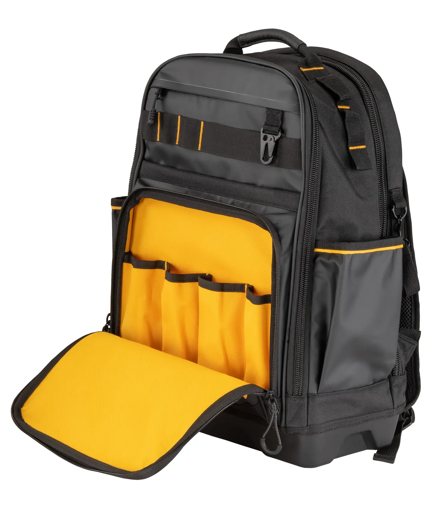 Mochila DEWALT negra y amarilla con varios compartimentos y bolsillos, incluida una sección frontal abierta que muestra soportes para herramientas en el interior.