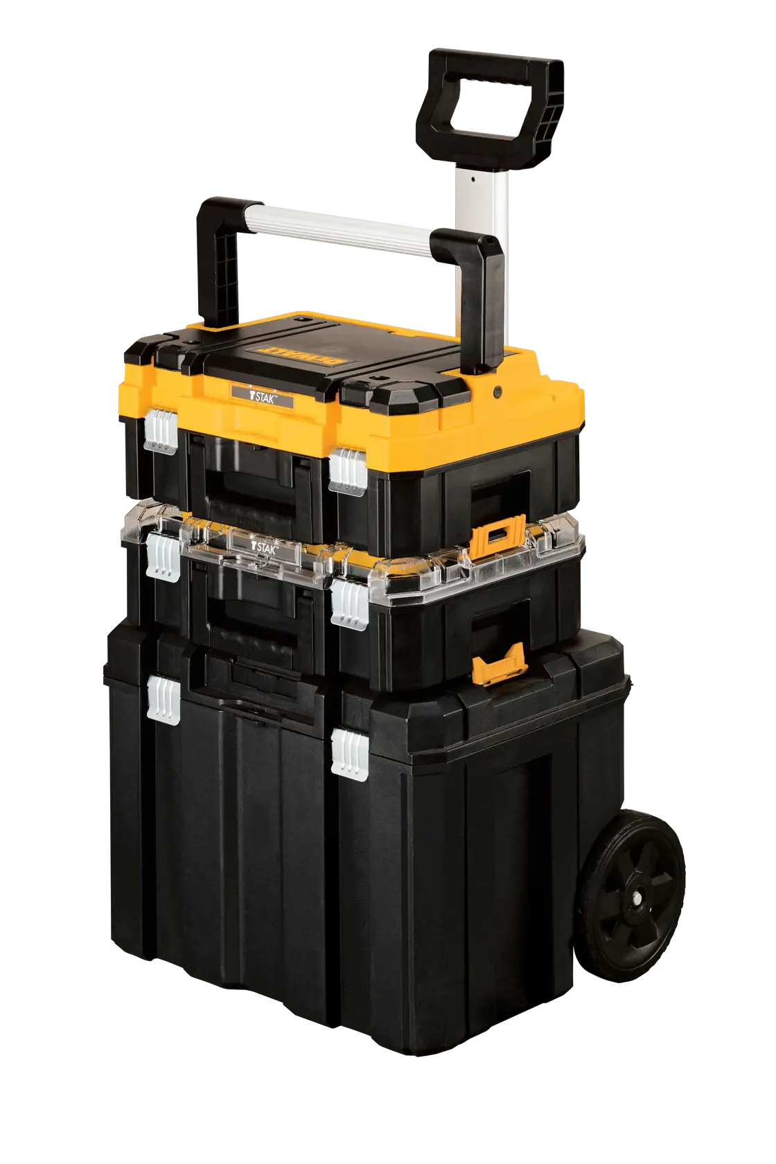 Cajas de herramientas portátiles apiladas de DEWALT en negro y amarillo, con asa telescópica y ruedas para facilitar el transporte.