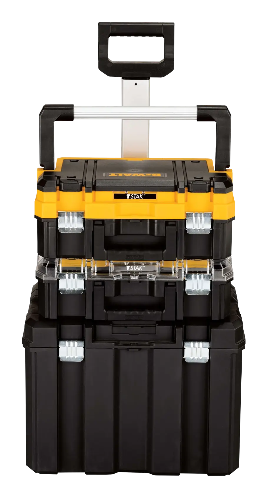 Sistema de caja de herramientas rodante DEWALT apilable en negro y amarillo con tres compartimentos de almacenamiento y una asa telescópica.