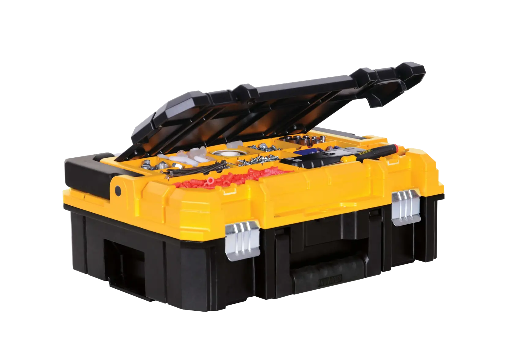 Una caja de herramientas portátil DEWALT amarilla y negra con la tapa abierta, mostrando compartimentos organizados llenos de diversos artículos pequeños como tornillos y anclajes.