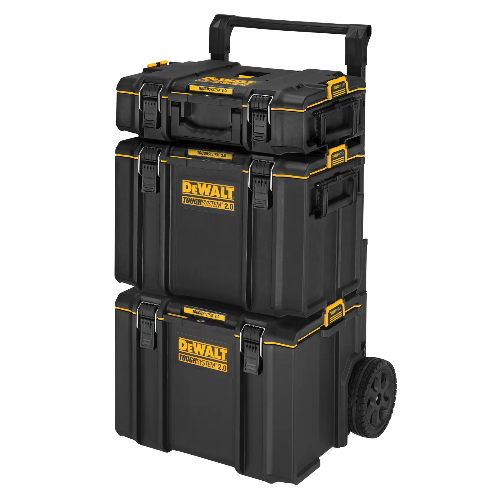 Tres cajas de herramientas DEWALT ToughSystem 2.0 apiladas de color negro con detalles amarillos, montadas sobre ruedas y un asa telescópica para facilitar el transporte.